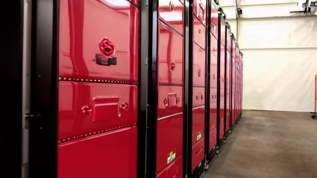 A row of red storage containers are lined up. The containers are stacked on top of each other