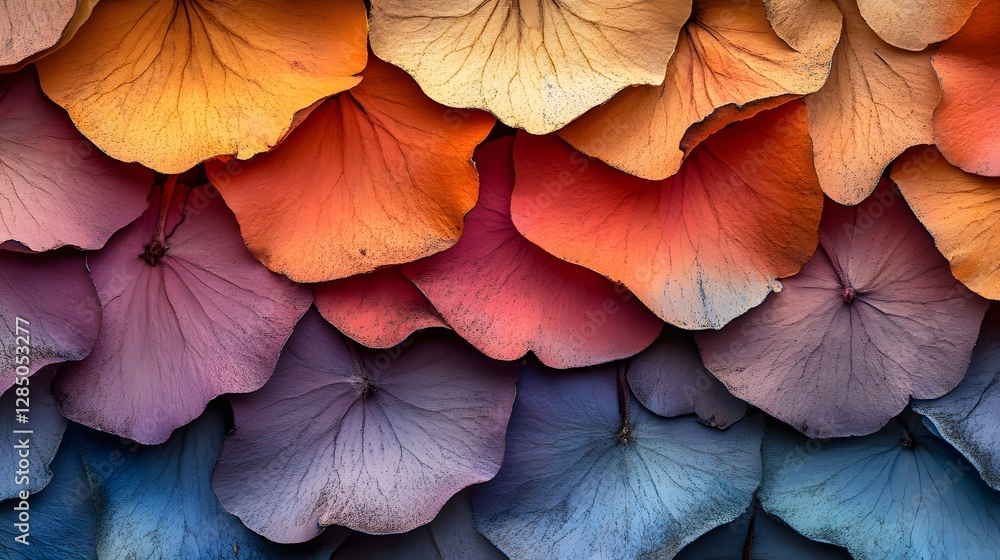 Poster close-up of vibrant hydrangea petals, showcasing a spectrum of autumnal colors. macro photography ca