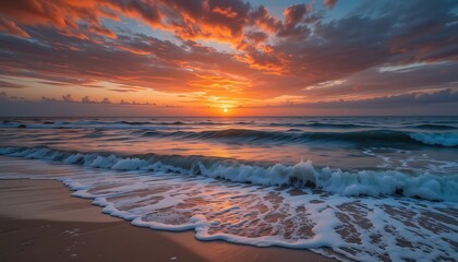 Stunning Sunset over Ocean Waves Crashing on Sandy Beach
