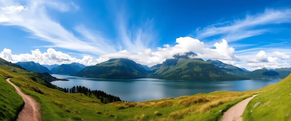 Stunning Panoramic View of Serene Mountain Lake and Hiking Trails under a Bright Blue Sky