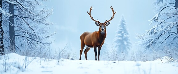 Majestic Red Deer Stag in a Snowy Winter Forest Landscape