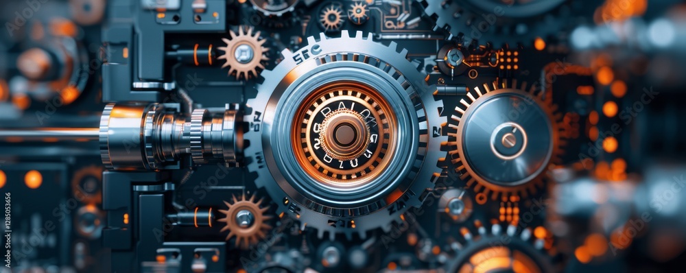Poster intricate machine gears: a detailed and close-up view of an elaborate machine's inner workings, show