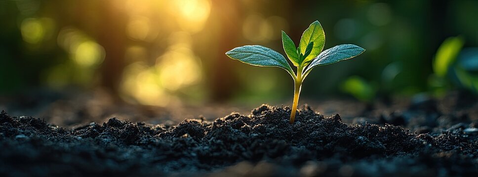 Young seedling emerging from dark soil with glowing sunshine rays, ideal for eco-conscious advertising campaigns and renewable energy website themes.