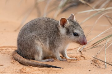 Close-up portrait of a vulnerable Kowari, or Brush-tailed Marsupial Mouse, on arid desert sand, with soft natural light and shallow depth of field