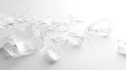 A minimalistic yet stunning scene of scattered ice pieces over a plain white surface, glowing with icy brilliance.