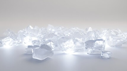 A minimalistic yet stunning scene of scattered ice pieces over a plain white surface, glowing with icy brilliance.