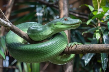 Vibrant Green Snake Coiled on a Branch, Close-Up with Soft Background, Natural Lighting, Reptile Portrait, Exotic Wildlife, Scales Detail
