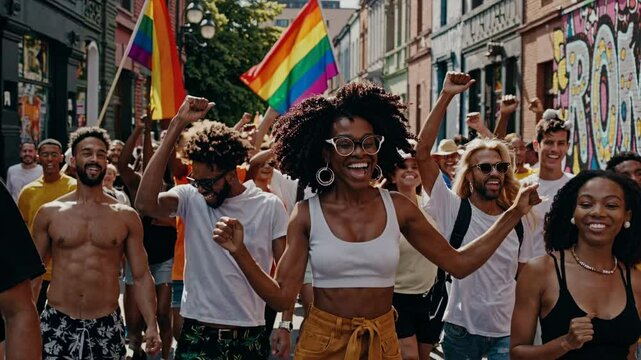 A diverse group of people marches with pride and joy in a vibrant LGBTQ+ parade, celebrating love, unity, and equality while holding rainbow flags and cheering for diversity and inclusivity. - Powered by Adobe