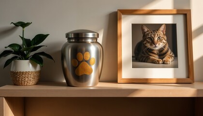 Memorial urn for beloved pet’s cremated remains, with paw print design and framed photo of deceased striped cat, honoring the memory of a furry friend