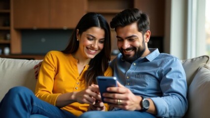 Happy young indian couple using smartphone, wife pointing at cellphone screen, sitting on sofa in living room interior at home 
