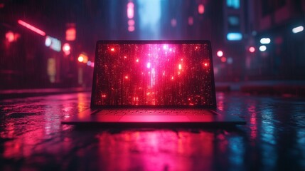 Cyberpunk laptop displaying binary code on rainy city street at night.