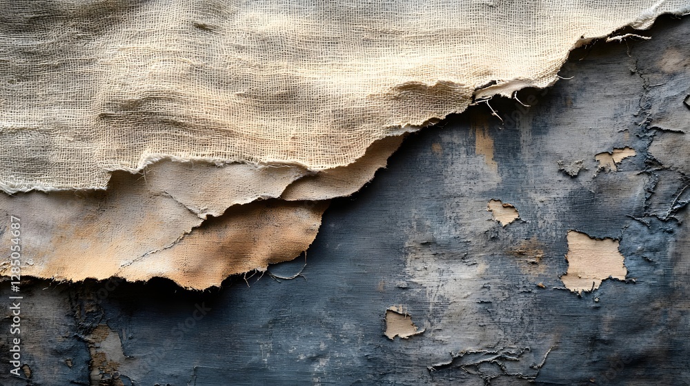 Poster Abstract image showcasing layered textures of weathered fabrics and a decaying surface, creating a visually rich composition. Textured Abstract Composition of Weathered Fabrics and Decaying Surface