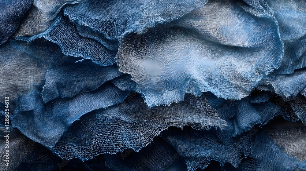 Poster Close-up of layered blue fabric with varying shades and textures. Abstract and artistic. Abstract Blue Textile Layers: A Study in Texture and Depth