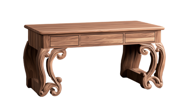 Elegant wooden desk with intricate carvings on a transparent background