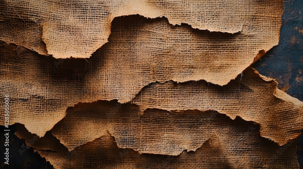 Poster Layers of rustic burlap fabric create a textured background. Brown tones dominate the image, showcasing the natural, coarse weave. Textured Burlap: A Rustic Brown Canvas