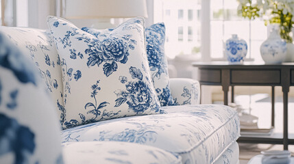 English style cottage interior in blue and white colour, delicate patterns, vintage furnishings, evoking the timeless charm and tranquillity of a classic countryside