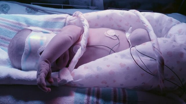 Closeup Of Newborn Baby Lying Under the Bili Light