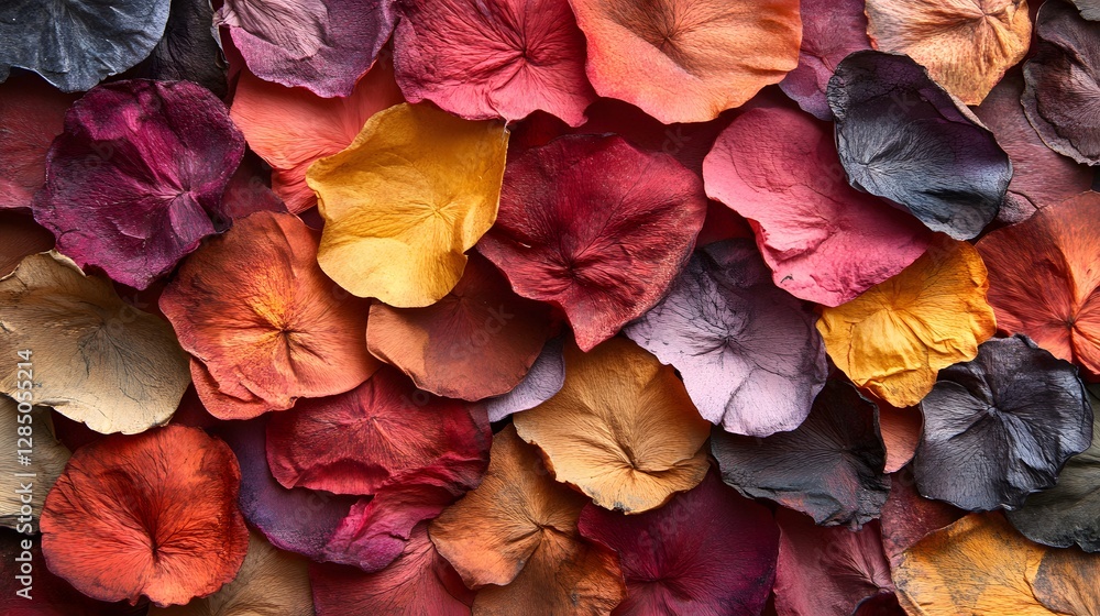 Poster a captivating close-up of a multitude of dried flower petals in various warm and dark colors. autumn