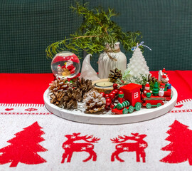 Winter still life on the table with Christmas toys