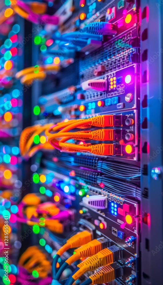 Poster digital infrastructure: a close-up, high-angle shot showcases a server rack filled with network hard