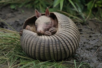 Sleeping Armadillo Curled in Ball on Muddy Grassy Patch, Serene Wildlife Close-Up, Neutral Colors, Relaxing Mood, Protected, Vulnerable