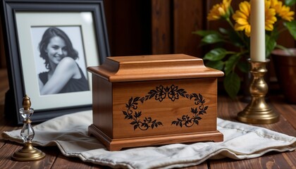 Wooden memorial urn with cremated remains of deceased girl, decorated with carving, surrounded by lit candle, photo, and yellow flowers, memory and farewell