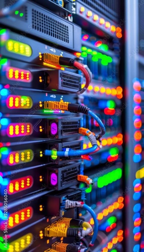 Poster server rack symphony: a close-up of a server rack aglow with vibrant, multicolored lights, illustrat