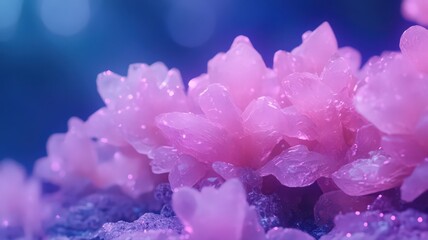 Glowing Pink Crystals Close Up with Blue Purple Lighting
