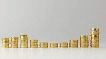 Businessman analyzing investment growth with step chart, stacks of golden coins increasing in height, financial graph overlay, white background, copy space, economic success concept. 