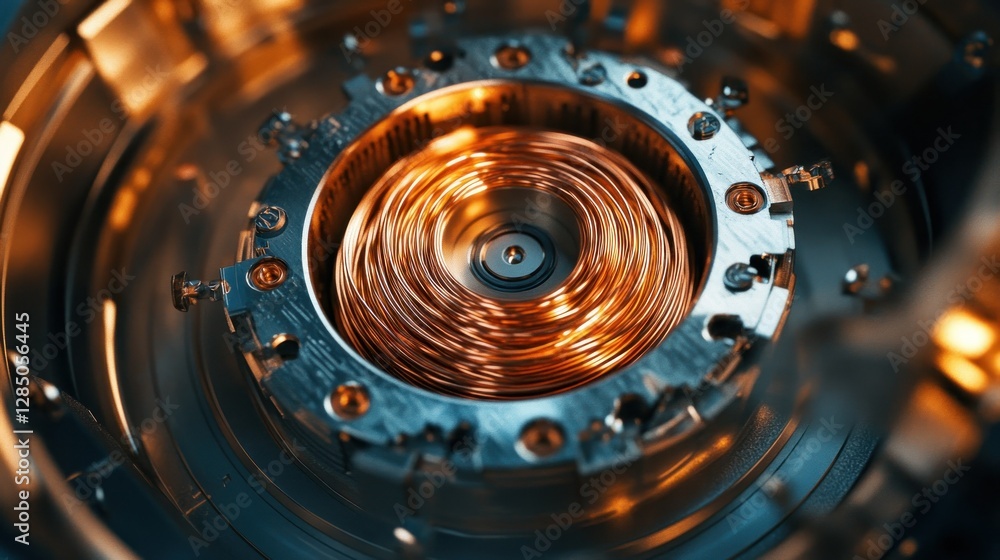 Poster close-up view of a spinning copper coil in a high-tech machine, showcasing intricate design and engi