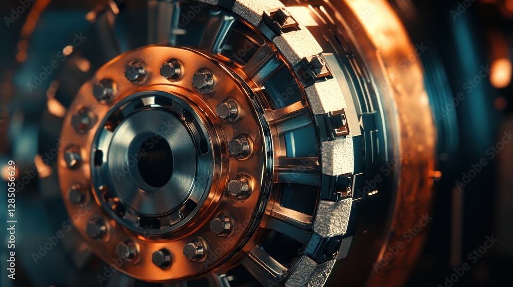 Poster close-up of a modern mechanical engine component showcasing intricate details and metallic textures