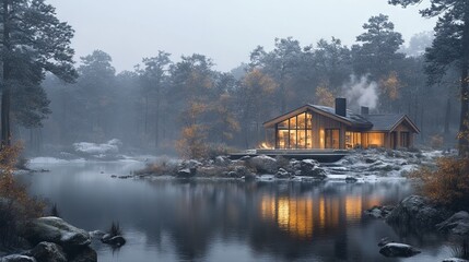 Fototapeta premium Cozy cabin nestled in snowy forest by lake at dusk.