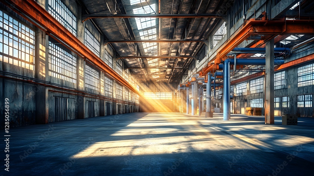 Poster a large empty warehouse with a bright sun shining through the windows. the space is empty and has a 