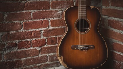 Obraz premium Vintage Acoustic Guitar Leaning Against Brick Wall Background