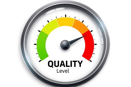 A circular gauge indicates quality levels with sectors in green, yellow, and red, pointing towards the red zone, suggesting a lower quality.