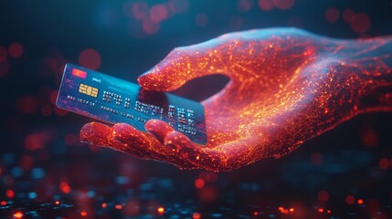 Fiery digital hand holding a credit card, symbolizing online payments and transactions.