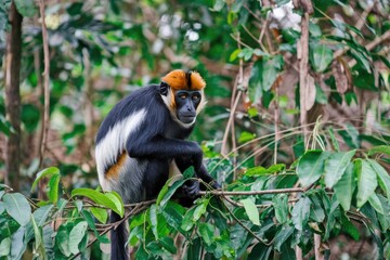 Obraz premium Serene primate perched amidst lush foliage, detailed fur, captivating gaze, natural habitat, vibrant green leaves, wildlife photography