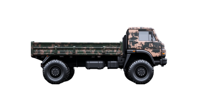 Military Cargo Truck with Camouflage Design on Transparent Background