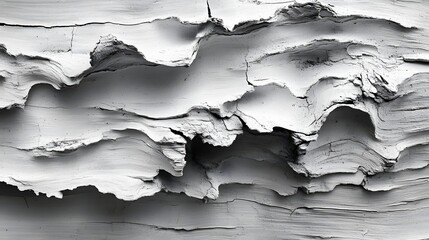 Obraz premium Close-up shot of an abstract texture. Gray and white cracked surface resembling paint or clay. Abstract Gray Texture: Layers of Cracked Paint or Clay