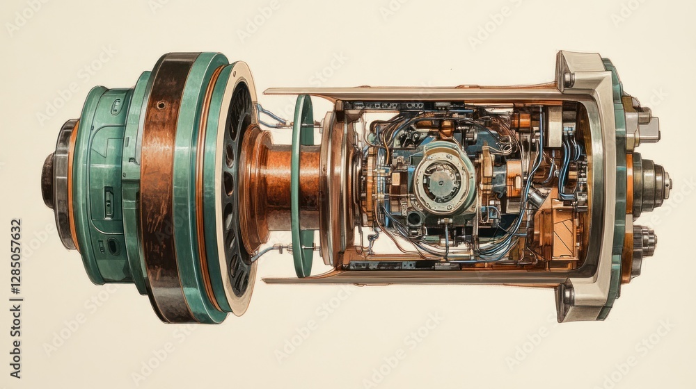 Poster detailed view of a cross-sectioned mechanical engine showcasing intricate components and design