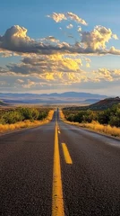 Fototapete Endless desert highway stretches toward distant mountain range under dramatic sky with fluffy clouds, showcasing natural beauty and freedom of open road adventure. © Maria Mikhaylichenko