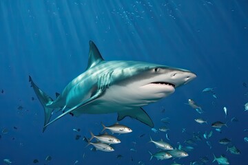 Fototapeta premium Underwater scene featuring a large bull shark swimming among schools of smaller fish in deep blue water with sunlight, creating a natural, serene image
