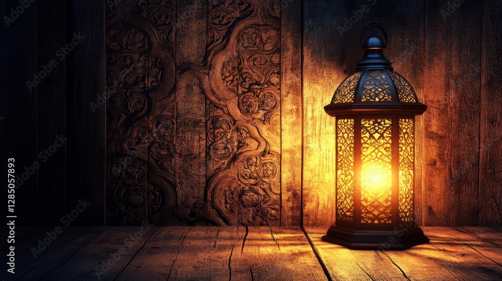 Poster decorative lantern illuminating rustic wooden background with intricate patterns and textures