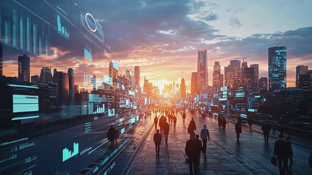 Digital Metropolis: A bustling cityscape at dusk, where data streams intertwine with the flow of people, painting a picture of a digitally connected urban environment.