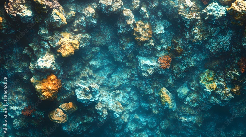 Poster stunning underwater scene of rocks in teal and gold hues. a captivating texture and pattern. underwa