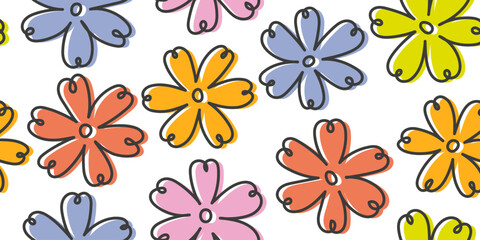 Hand drawn colorful floral pattern with stroke. Doodle flower pattern in childish style. Design for fabric, textile, covers, gift wrap, wallpaper.