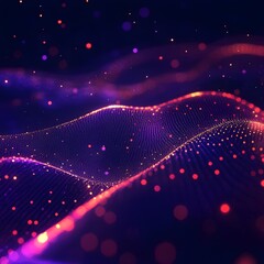 a digital representation of a wave-like structure with glowing particles in shades of purple, pink, and orange against a dark background. It is visually striking and relevant for its abstract, futuris