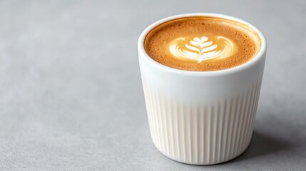 Latte art coffee in a white cup on a gray surface. Possible use Stock photo for coffee shops, cafes, or food blogs