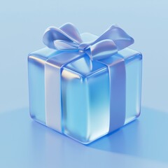 A beautifully wrapped gift box with a shiny blue ribbon and bow on a soft blue background