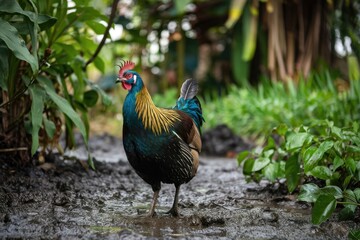 Colorful Himalayan Monal Pheasant Strolling on Muddy Path, Close-up, Low Angle, Teal, Gold, Red, Green Foliage, Exotic Bird in Natural Habitat